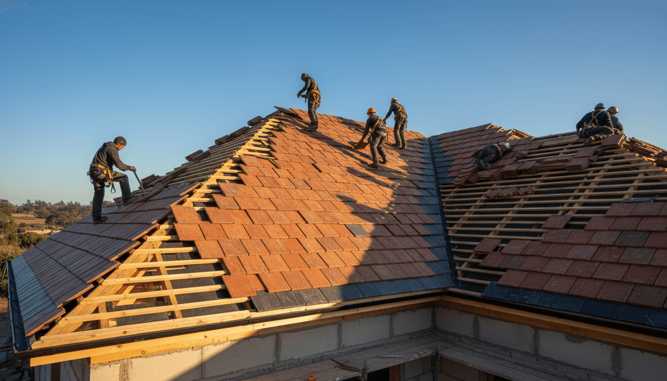 Ouvrier retirant des tuiles anciennes sur un toit de maison